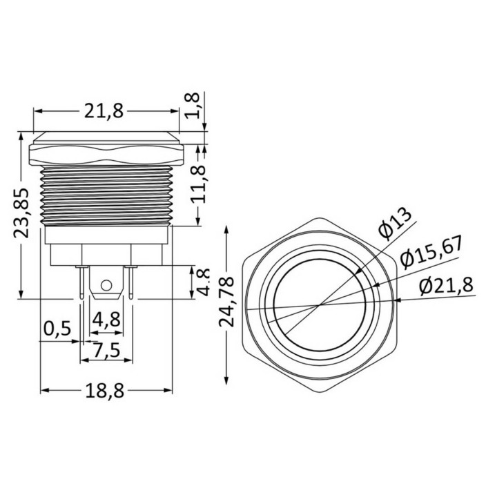 Low-profile flat switches in stainless steel 12/24V 20 A
