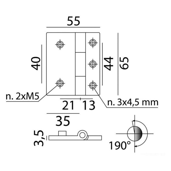Chromed brass hinge stud mounting 65x55