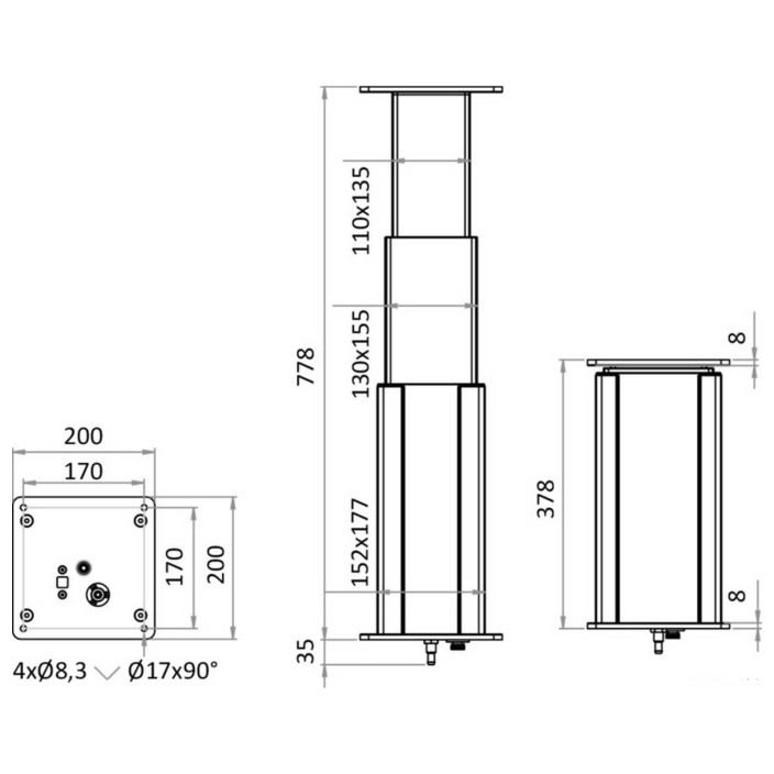Dudge 77 electric square aluminium table pedestal