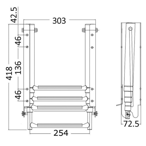 Ladder woverhanging rungs under platform mounting